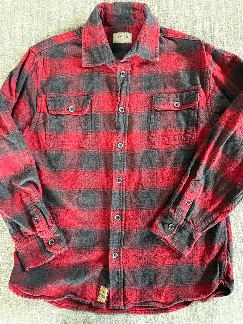 Jachs Red and Gray Plaid Button-Up Shirt Jacket